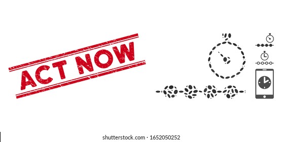 Rubber red stamp seal with Act Now phrase between double parallel lines, and mosaic marked time line icon. Mosaic vector is composed with marked time line pictogram and with random ellipse spots.