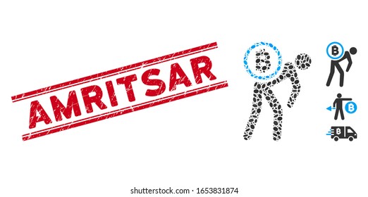 Rubber red stamp seal with Amritsar caption between double parallel lines, and mosaic Bitcoin courier person icon.