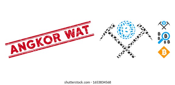 Rubber red stamp seal with Angkor Wat phrase between double parallel lines, and mosaic Bitcoin mining hammers icon.