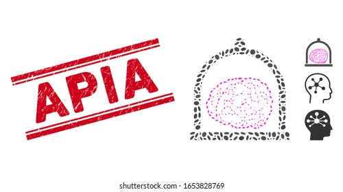 Rubber red stamp seal with Apia text inside double parallel lines, and mosaic brain conservation icon. Mosaic vector is created with brain conservation icon and with randomized elliptic items.