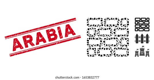 Rubber red stamp seal with Arabia caption inside double parallel lines, and collage brick wall icon. Mosaic vector is created with brick wall pictogram and with scattered ellipse spots.