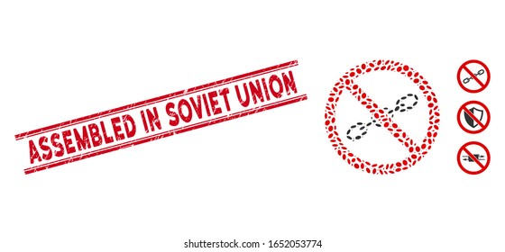 Rubber red stamp seal with Assembled in Soviet Union text between double parallel lines, and mosaic no chain icon. Mosaic vector is formed with no chain pictogram and with random elliptic elements.