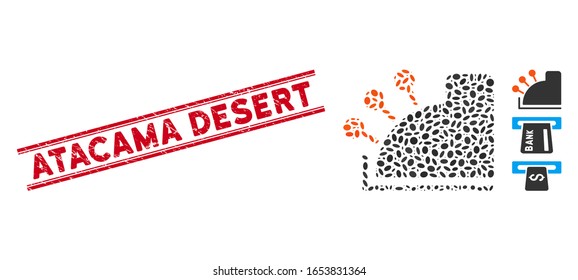 Rubber red stamp seal with Atacama Desert caption inside double parallel lines, and mosaic cash machine icon. Mosaic vector is designed from cash machine pictogram and with random elliptic elements.