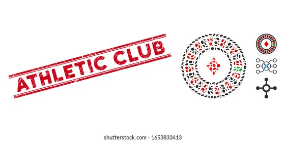 Rubber red stamp seal with Athletic Club text inside double parallel lines, and mosaic casino roulette icon. Mosaic vector is created from casino roulette icon and with random oval items.