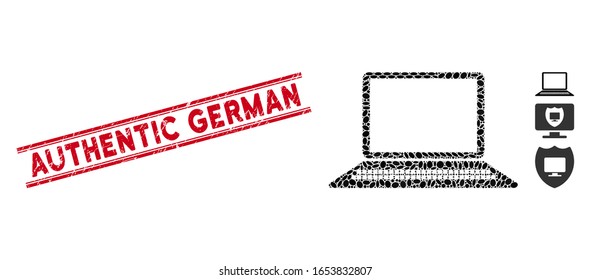 Sello de sello rojo goma con leyenda alemana auténtica entre líneas paralelas dobles e icono de mosaico. El vector mosaico se forma con un icono de computadora y con elementos ovales dispersos.