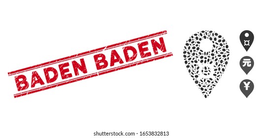 Rubber red stamp seal with Baden Baden text inside double parallel lines, and mosaic currency map marker icon. Mosaic vector is composed with currency map marker icon and with scattered oval items.