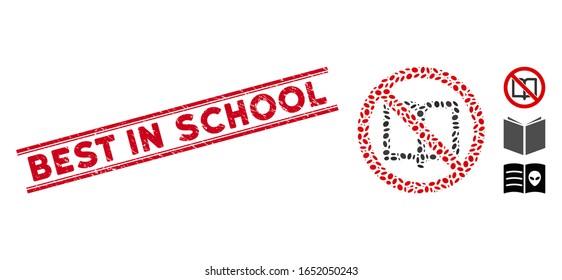 Rubber red stamp seal with Best in School caption inside double parallel lines, and collage no open book icon. Mosaic vector is created with no open book icon and with scattered elliptic spots.