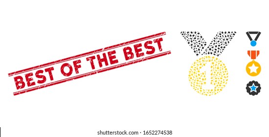 Rubber red stamp seal with Best of the Best text inside double parallel lines, and mosaic gold medal icon. Mosaic vector is formed with gold medal icon and with random elliptic items.