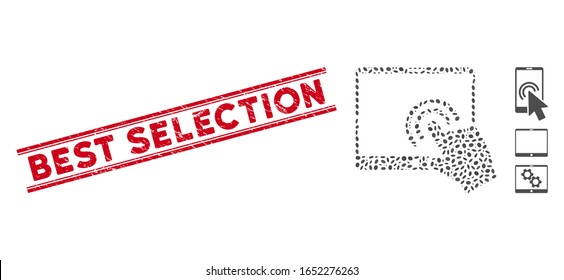 Rubber red stamp seal with Best Selection text inside double parallel lines, and mosaic double click tablet icon. Mosaic vector is composed with double click tablet icon and with scattered oval items.
