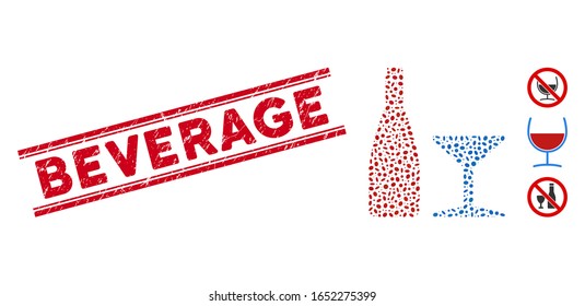 Rubber red stamp seal with Beverage phrase between double parallel lines, and mosaic beverage icon. Mosaic vector is formed from beverage icon and with randomized ellipse elements.