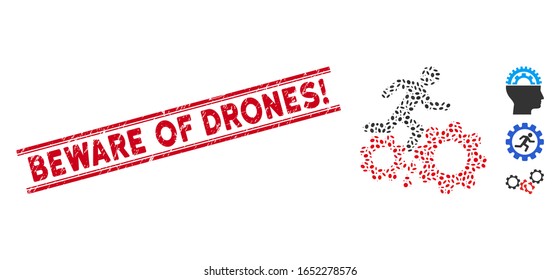 Sello de sello rojo goma con ¡Cuidado con los drones! entre líneas paralelas dobles e icono del accidente de trabajo de los engranajes sanguíneos.