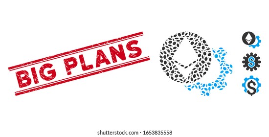 Sello de sello rojo goma con leyenda Big Plans entre líneas paralelas dobles, y icono de engranaje de ajuste de mosaico Ethereum.