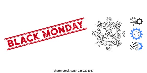 Rubber red stamp seal with Black Monday text between double parallel lines, and mosaic gear angry smiley icon. Mosaic vector is formed with gear angry smiley pictogram and with random elliptic items.