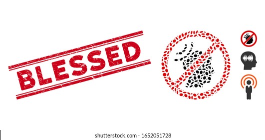Rubber red stamp seal with Blessed phrase inside double parallel lines, and mosaic no telepathy waves icon. Mosaic vector is formed with no telepathy waves icon and with randomized elliptic items.