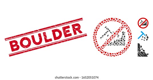 Rubber red stamp seal with Boulder phrase between double parallel lines, and mosaic no rock mining icon. Mosaic vector is composed from no rock mining icon and with random oval spots.