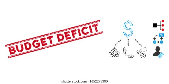 Rubber red stamp seal with Budget Deficit caption between double parallel lines, and mosaic life expenses icon. Mosaic vector is designed with life expenses icon and with randomized oval spots.