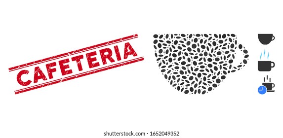 Rubber red stamp seal with Cafeteria text between double parallel lines, and mosaic tea cup icon. Mosaic vector is composed with tea cup icon and with scattered ellipse items.