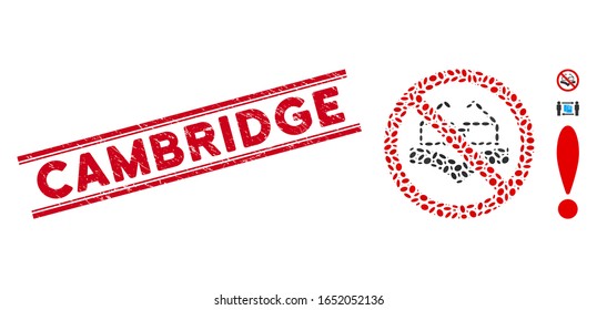 Rubber red stamp seal with Cambridge phrase between double parallel lines, and mosaic no reading books icon. Mosaic vector is composed with no reading books icon and with random elliptic elements.