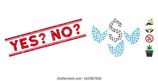 Sello de sello rojo de goma con Sí? ¿No? subtítulo dentro de líneas paralelas dobles e icono de inicio de la agricultura de mosaico. El vector mosaico se forma a partir del icono de inicio de la agricultura y con objetos ovales aleatorizados.
