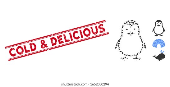 Rubber red stamp seal with Cold & Delicious phrase between double parallel lines, and collage penguin icon. Mosaic vector is formed with penguin icon and with scattered oval elements.