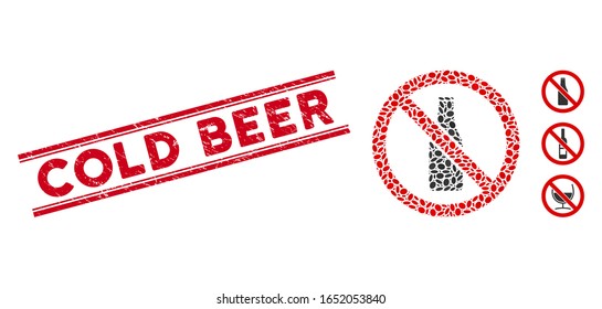 Sello de sello rojo goma con frase "cerveza fría" dentro de líneas paralelas dobles, y mosaico sin icono de botella de cerveza. El vector mosaico está diseñado sin icono de botella de cerveza y con elementos de elipse dispersos.