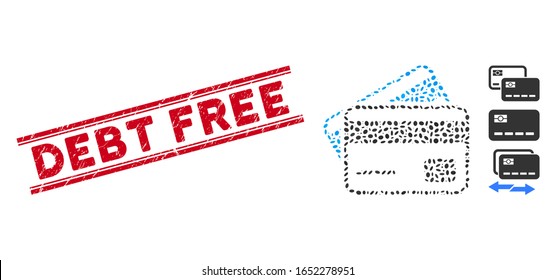 Rubber red stamp seal with Debt Free caption inside double parallel lines, and mosaic credit cards icon. Mosaic vector is formed with credit cards icon and with randomized elliptic spots.