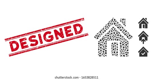 Sello de sello rojo caucho con frase diseñada dentro de líneas paralelas dobles y icono de puerta de puertas de puertas de puertas abiertas de mosaico. El vector mosaico está diseñado con un icono de puerta abierta y con puntos de elipse aleatorios.
