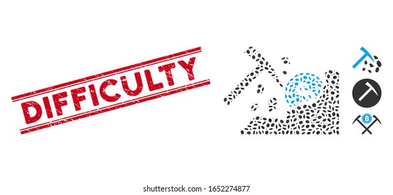 Rubber red stamp seal with Difficulty text between double parallel lines, and collage dollar mining hammer icon. Mosaic vector is formed with dollar mining hammer icon and with scattered oval spots.