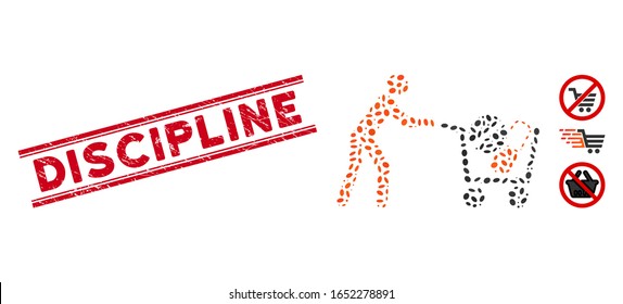 Rubber red stamp seal with Discipline phrase inside double parallel lines, and mosaic drugs shopping cart icon.