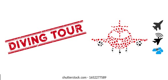 Rubber red stamp seal with Diving Tour text inside double parallel lines, and mosaic cargo plane icon. Mosaic vector is composed from cargo plane pictogram and with scattered oval spots.