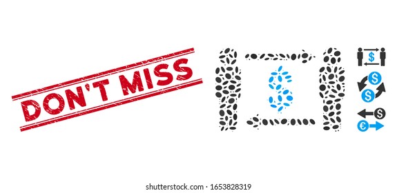 Rubber red stamp seal with Don'T Miss text between double parallel lines, and collage persons exchange dollar icon.