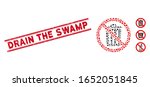 Rubber red stamp seal with Drain the Swamp caption inside double parallel lines, and mosaic no dustbin icon. Mosaic vector is created with no dustbin icon and with random ellipse elements.