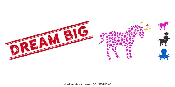 Rubber red stamp seal with Dream Big phrase inside double parallel lines, and mosaic unicorn icon. Mosaic vector is designed with unicorn icon and with randomized ellipse spots.