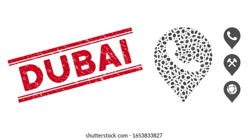 Rubber red stamp seal with Dubai text inside double parallel lines, and mosaic phone receiver marker icon. Mosaic vector is formed with phone receiver marker icon and with random elliptic items.