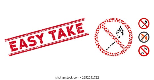 Rubber red stamp seal with Easy Take text between double parallel lines, and mosaic no ignite match icon. Mosaic vector is created with no ignite match icon and with random oval elements.