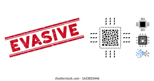 Rubber red stamp seal with Evasive caption between double parallel lines, and mosaic processor icon. Mosaic vector is created from processor icon and with scattered ellipse spots.