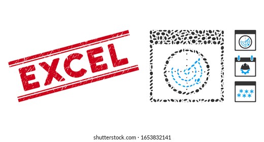 Rubber red stamp seal with Excel text inside double parallel lines, and mosaic radar calendar page icon. Mosaic vector is created with radar calendar page icon and with scattered ellipse spots.