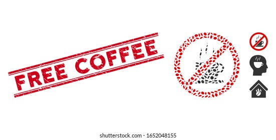 Rubber red stamp seal with Free Coffee text inside double parallel lines, and mosaic stop coffee icon. Mosaic vector is created with stop coffee icon and with scattered ellipse elements.