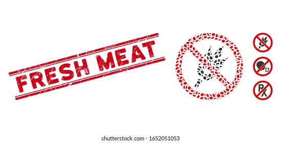 Rubber red stamp seal with Fresh Meat caption inside double parallel lines, and mosaic no gluten icon. Mosaic vector is formed with no gluten icon and with random elliptic items.