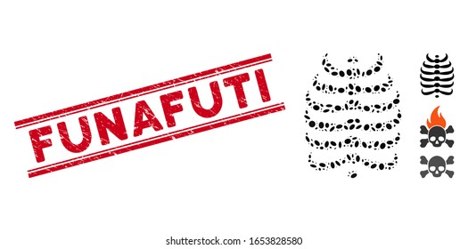 Rubber red stamp seal with Funafuti phrase between double parallel lines, and mosaic skeleton ribs icon. Mosaic vector is created with skeleton ribs icon and with random elliptic spots.