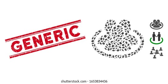 Rubber red stamp seal with Generic text between double parallel lines, and mosaic social network icon. Mosaic vector is composed with social network icon and with randomized oval elements.