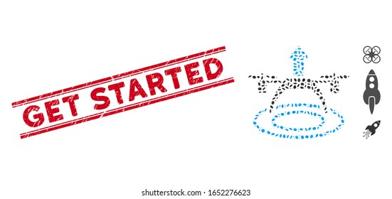 Sello de sello rojo de goma con el título "Comenzar" entre líneas paralelas dobles e icono de inicio de cobre de mosaico. El vector mosaico está diseñado a partir del icono de inicio de cobre y con elementos ovales aleatorios.