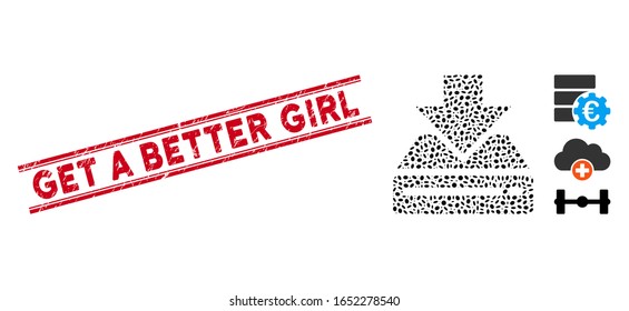 Rubber red stamp seal with Get a Better Girl text inside double parallel lines, and collage drive download icon. Mosaic vector is designed with drive download icon and with random ellipse spots.