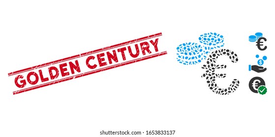 Rubber red stamp seal with Golden Century phrase inside double parallel lines, and mosaic Euro coins icon. Mosaic vector is created with Euro coins icon and with random elliptic items.
