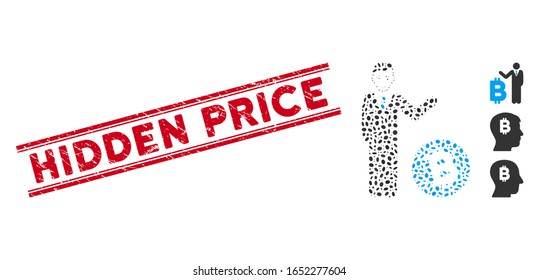 Rubber red stamp seal with Hidden Price caption between double parallel lines, and mosaic Bitcoin businessman icon.