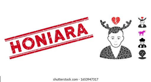 Rubber red stamp seal with Honiara text inside double parallel lines, and mosaic deceived horned husband icon. Mosaic vector is formed with deceived horned husband icon and with scattered oval spots.