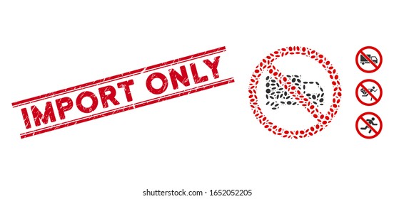 Rubber red stamp seal with Import Only phrase inside double parallel lines, and mosaic no cargo delivery icon.
