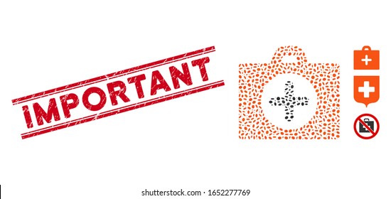 Rubber red stamp seal with Important caption between double parallel lines, and mosaic first aid icon. Mosaic vector is composed with first aid icon and with scattered elliptic elements.
