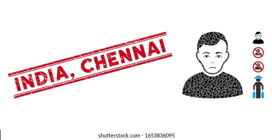 Rubber red stamp seal with India, Chennai phrase between double parallel lines, and mosaic sad man icon. Mosaic vector is composed with sad man icon and with scattered oval elements. India,