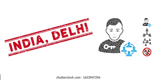 Rubber red stamp seal with India, Delhi caption inside double parallel lines, and collage social engineer icon. Mosaic vector is composed with social engineer icon and with random oval spots. India,